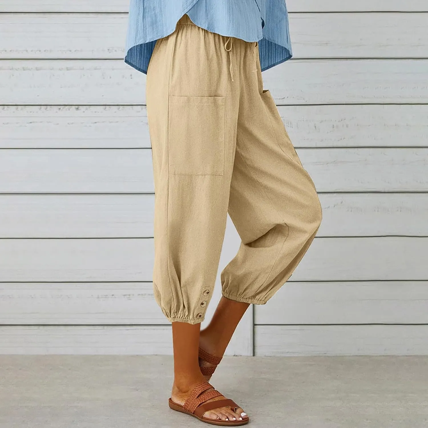 PTOLOCIF Linen Pants for Women,Lightweight Boho Pants Drawstring Elastic Waist Pants High Waisted Beach Palazzo Pants