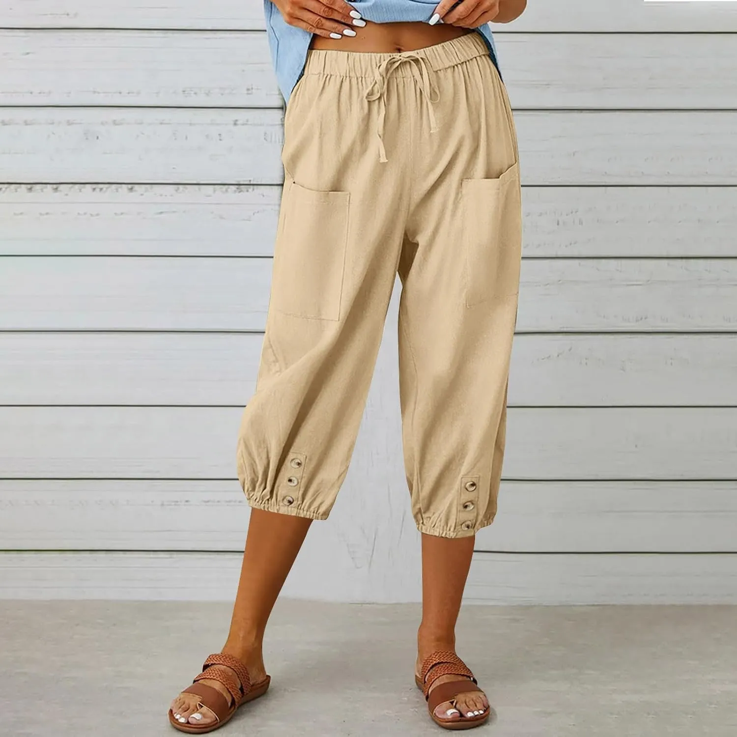 PTOLOCIF Linen Pants for Women,Lightweight Boho Pants Drawstring Elastic Waist Pants High Waisted Beach Palazzo Pants