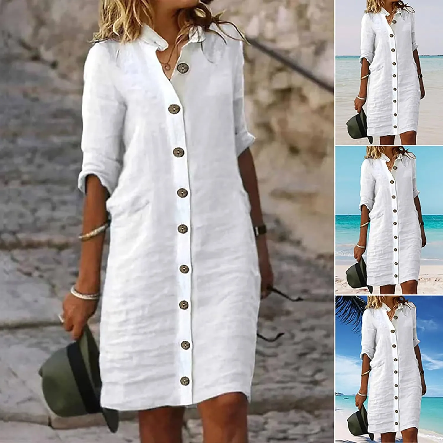 PTOLOCIF Women's Button Down Cotton Linen Shirt Dress Summer Casual Half Sleeve Tunic Dresses Ruffle Shift Mini Sundresses 1