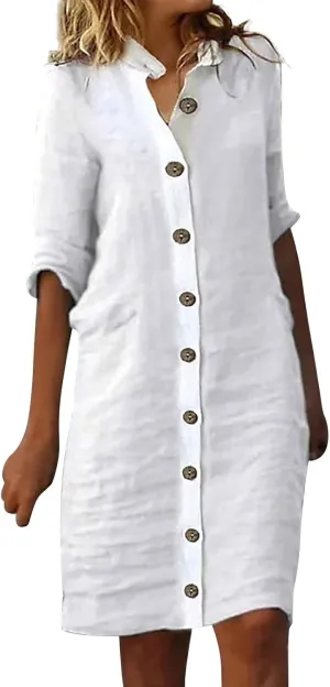 PTOLOCIF Women's Button Down Cotton Linen Shirt Dress Summer Casual Half Sleeve Tunic Dresses Ruffle Shift Mini Sundresses 1