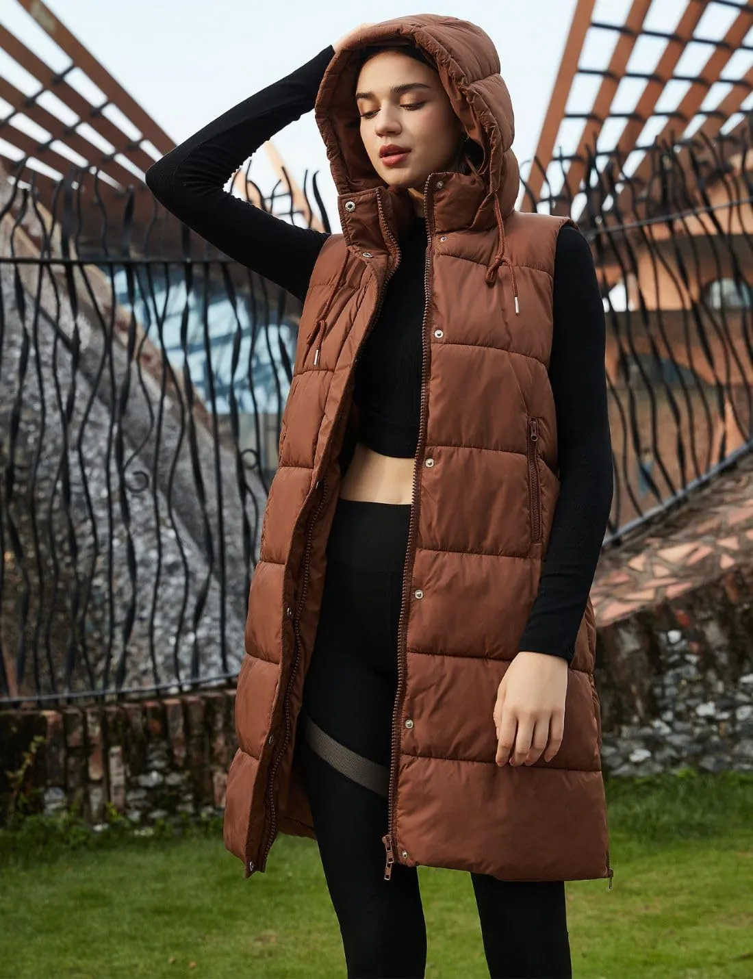 PUWEI Long Puffer Vest Women Quilted Hooded Vest Padded Sleeveless Coat Jackets With Pockets