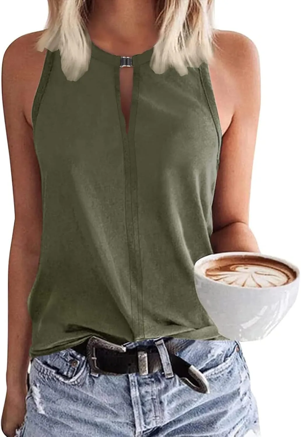 Racerback Tank Tops for Women Keyhole V Neck Sleeveless Halter Tanks Loose Fit Business Basic Shirt Blouse