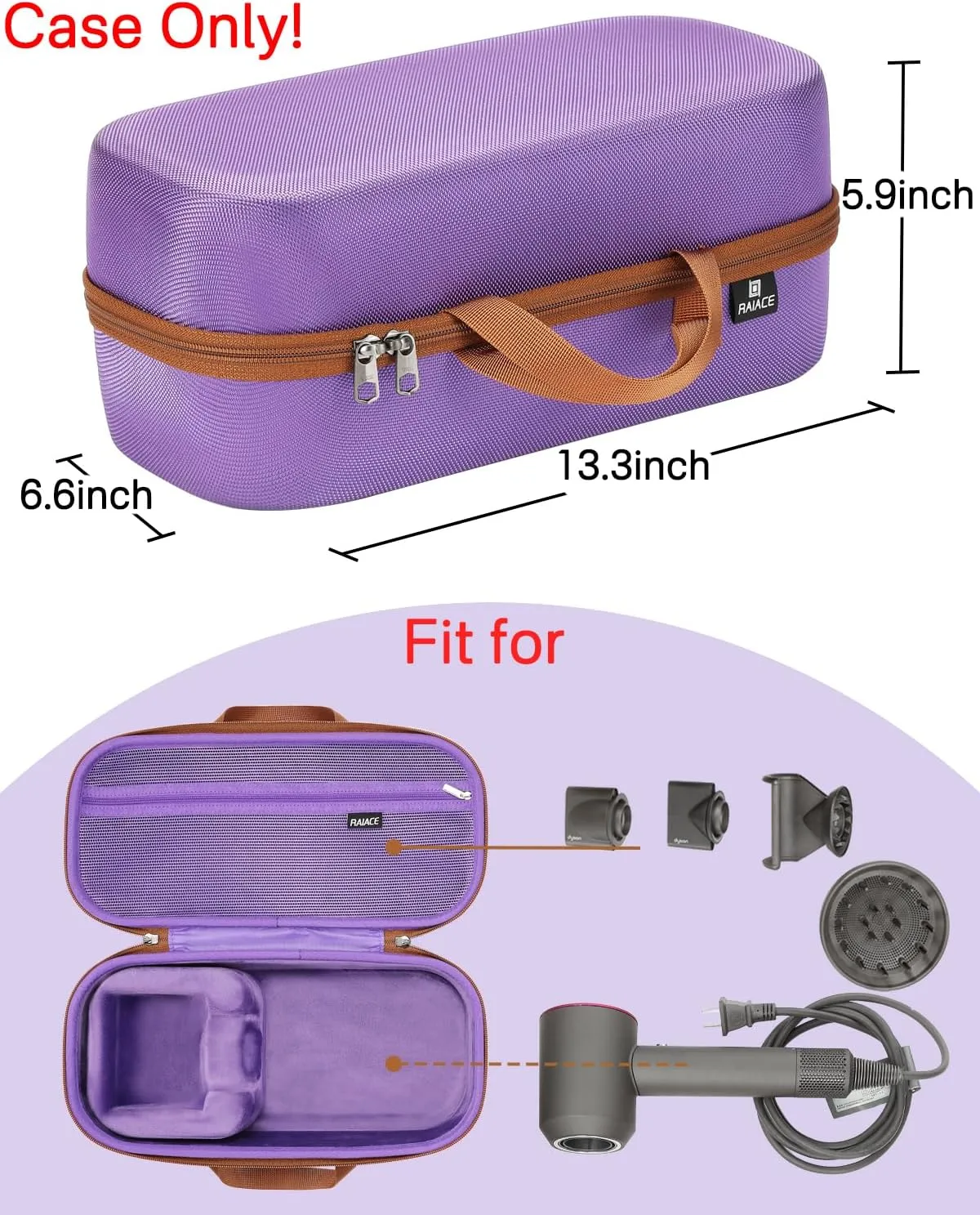 RAIACE Hard Storage Case Compatible with Dyson Hair Dryer, Travel Carrying Bag. (for Sale is case only). - Purple