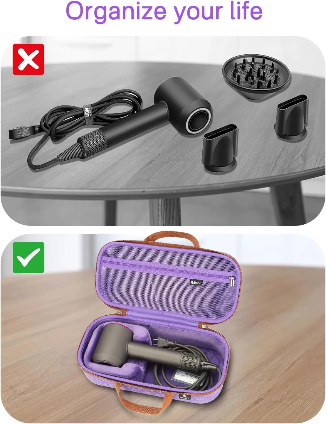RAIACE Hard Storage Case Compatible with Dyson Hair Dryer, Travel Carrying Bag. (for Sale is case only). - Purple