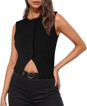 Ribbed Kint Tank Tops for Women Summer Button Front Sleeveless Cropped Shirts Casual Sexy Slim Fit Going Out Blouse