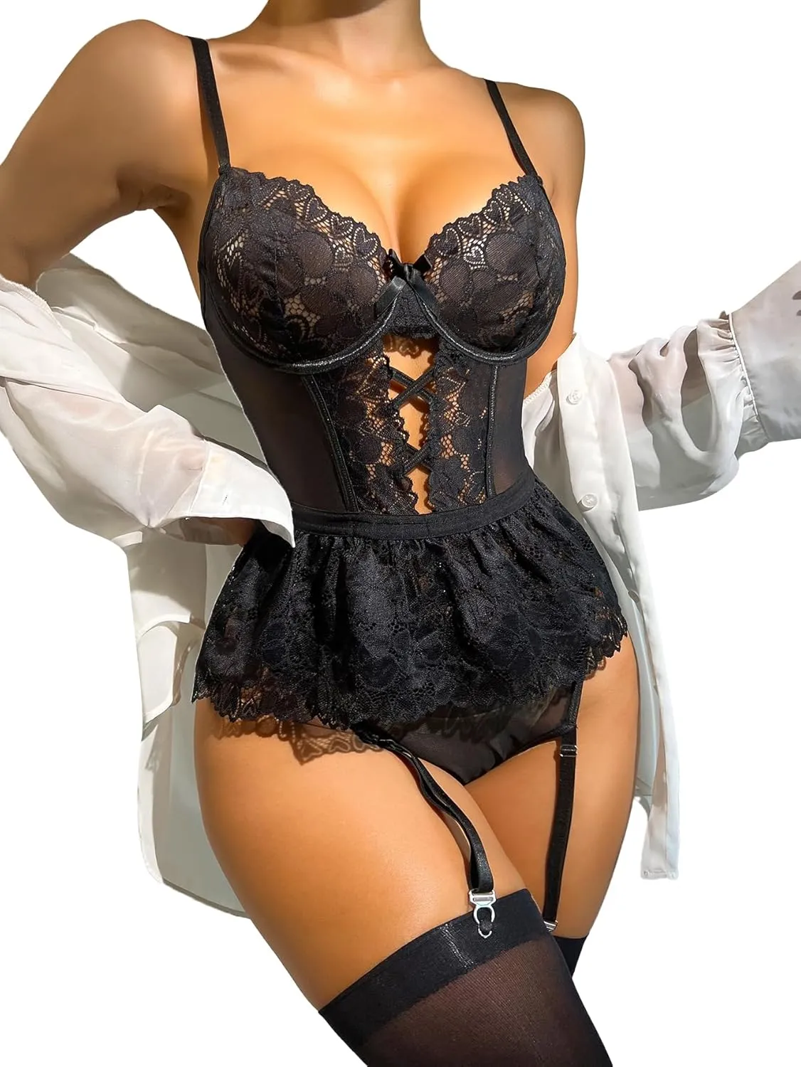 Rooscier Women's Lace Teddy Bodysuit with Garter Belt Sexy Babydoll Lingerie Set