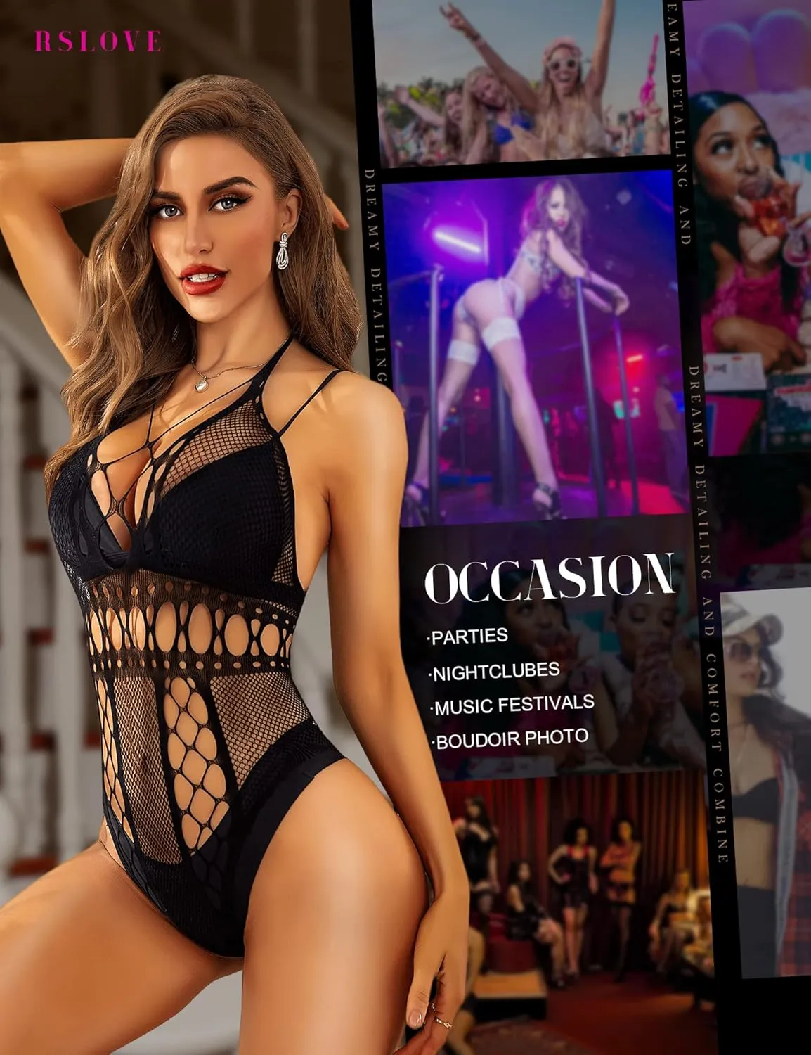 RSLOVE Lingerie for Women Sexy Lace Bodysuit Fishnet Teddy One Piece Deep V Mesh Babydoll
