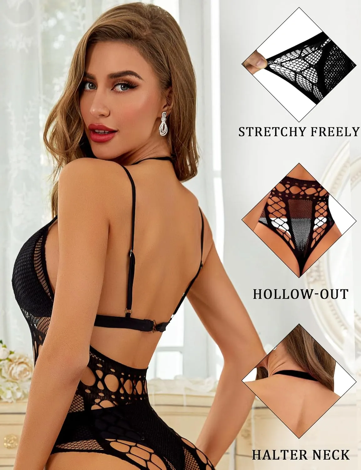 RSLOVE Lingerie for Women Sexy Lace Bodysuit Fishnet Teddy One Piece Deep V Mesh Babydoll