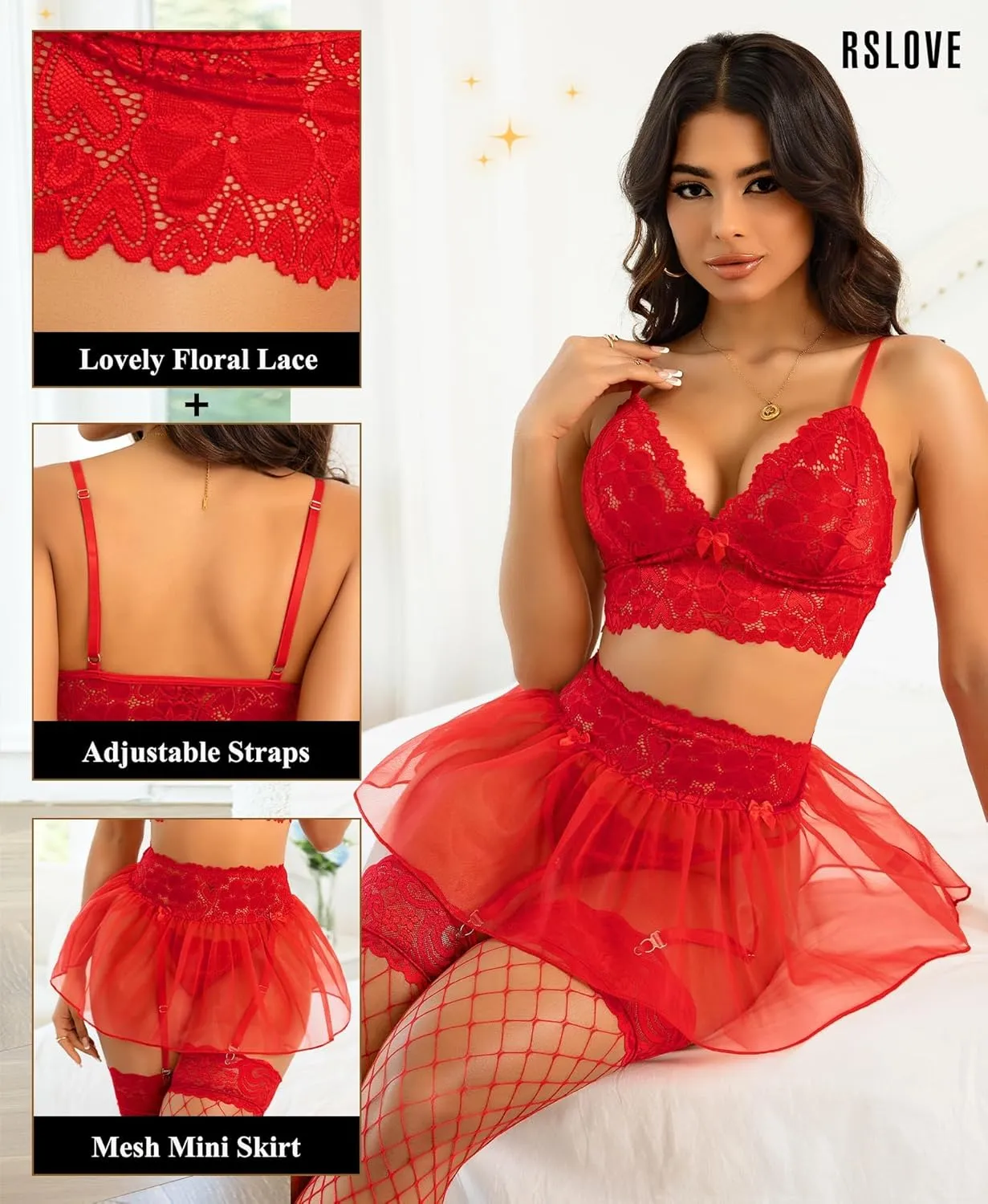 RSLOVE Lingerie Sets for Women Sexy - Lingerie for Women Lace Bra and Panty 3 Piece With Garter Mesh Babydoll Teddy Bodysuit