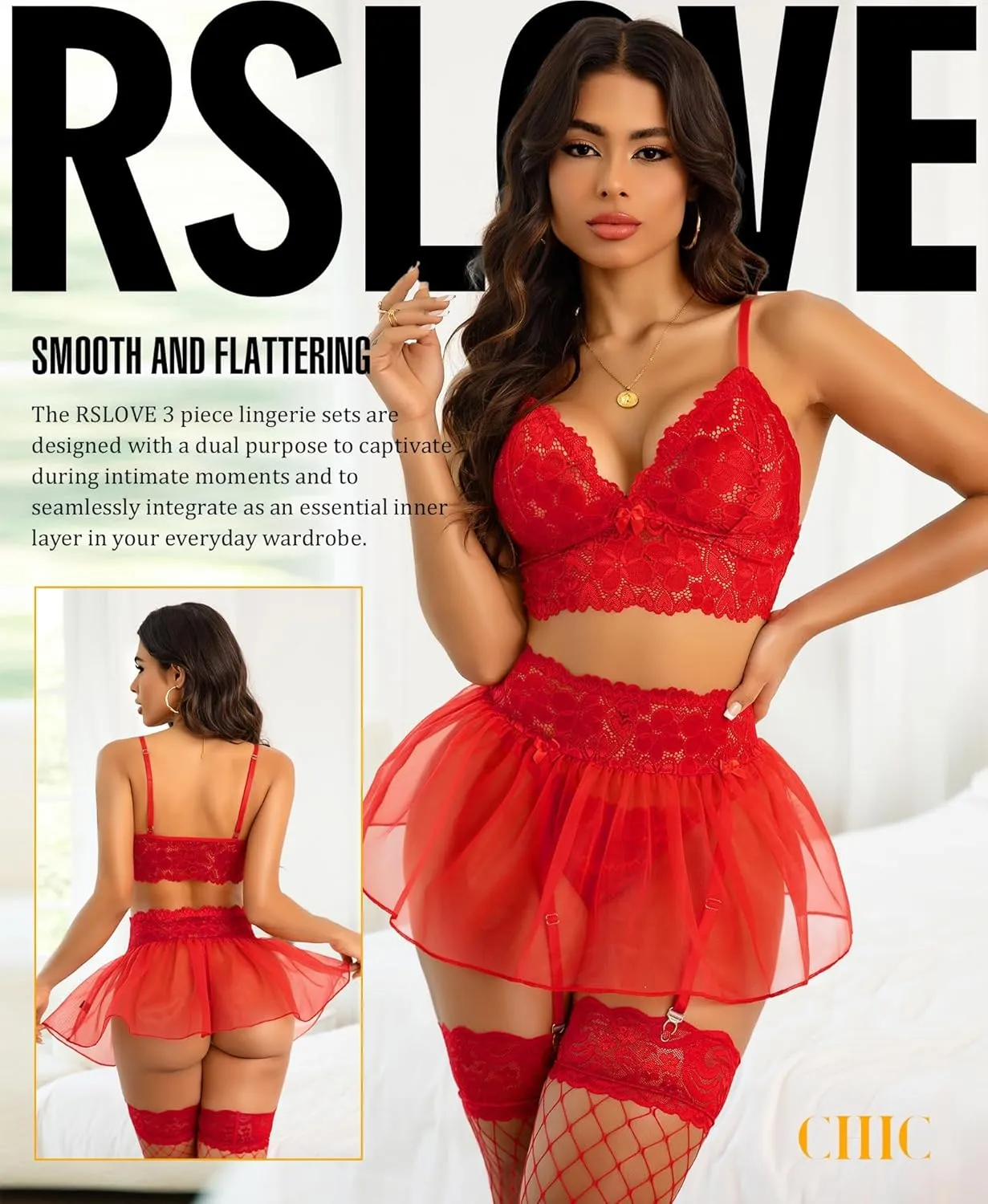 RSLOVE Lingerie Sets for Women Sexy - Lingerie for Women Lace Bra and Panty 3 Piece With Garter Mesh Babydoll Teddy Bodysuit