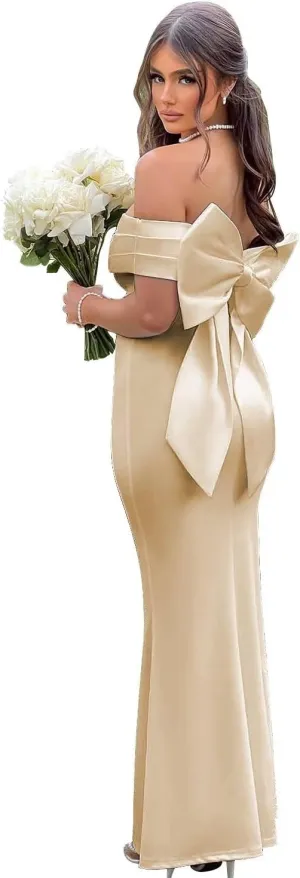 Satin Mermaid Bridesmaid Dresses with Bow Off The Shoulder Prom Dresses Maxi Long Formal Evening Dresses AU110
