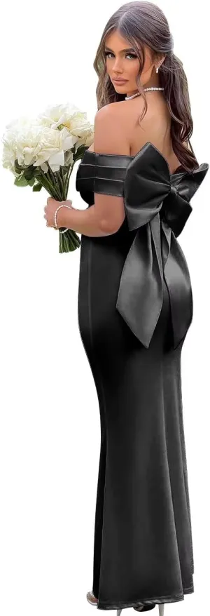 Satin Mermaid Bridesmaid Dresses with Bow Off The Shoulder Prom Dresses Maxi Long Formal Evening Dresses AU110