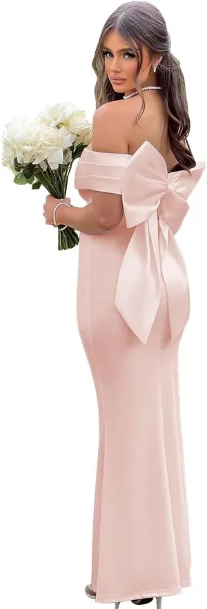 Satin Mermaid Bridesmaid Dresses with Bow Off The Shoulder Prom Dresses Maxi Long Formal Evening Dresses AU110