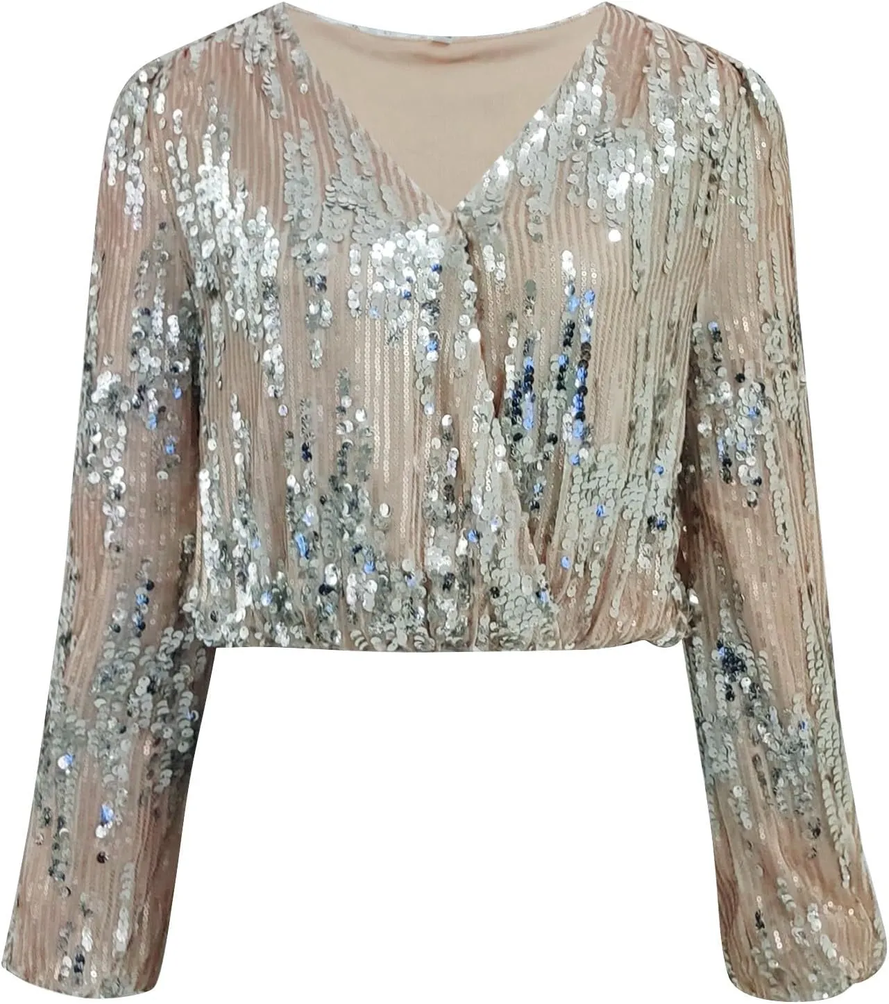 Sequin Tops for Women Sparkly V Neck Long Sleeve Dressy Formal Shirts Loose Glitter Cocktail Blouse Holiday Party Top