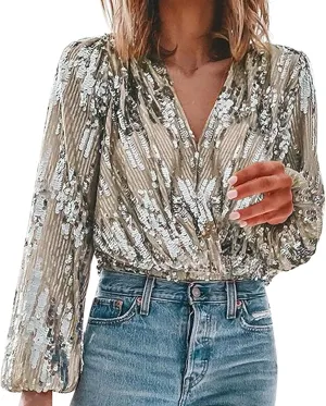 Sequin Tops for Women Sparkly V Neck Long Sleeve Dressy Formal Shirts Loose Glitter Cocktail Blouse Holiday Party Top