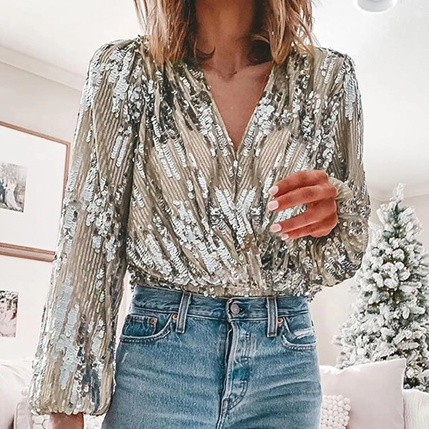 Sequin Tops for Women Sparkly V Neck Long Sleeve Dressy Formal Shirts Loose Glitter Cocktail Blouse Holiday Party Top