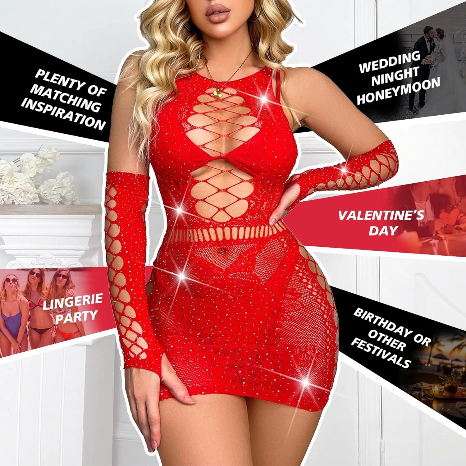 Sexy Lingerie For Women Naughty Rhinestone Sparkle Fishnet Lingerie Set Teddy Erotic Mesh Rave Outfit