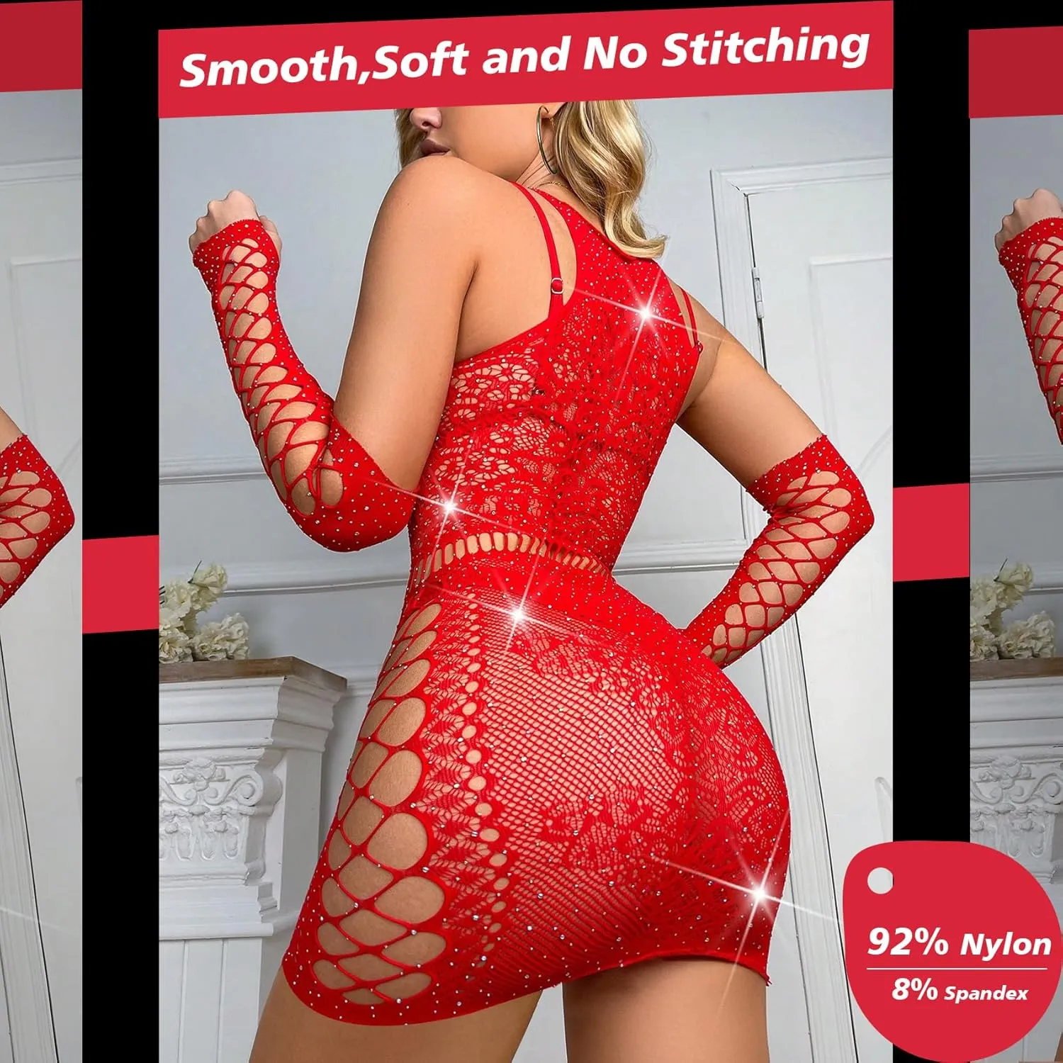 Sexy Lingerie For Women Naughty Rhinestone Sparkle Fishnet Lingerie Set Teddy Erotic Mesh Rave Outfit