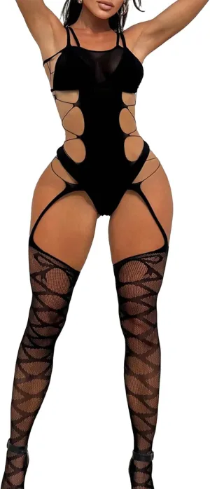 Sexy Lingerie For Women Naughty Sparkle Rhinestone Fishnet Lingerie Set Teddy Erotic Mesh Rave Outfit