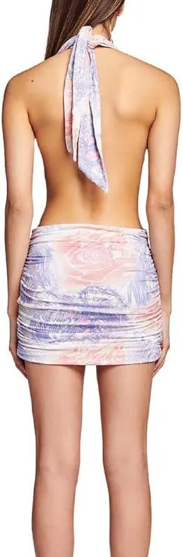 Sexy Tie Dye Cut Out Mini Dress Bandage Ruffle Bodycon Short Dresses Plunge Neck Criss Cross Going Out Dress