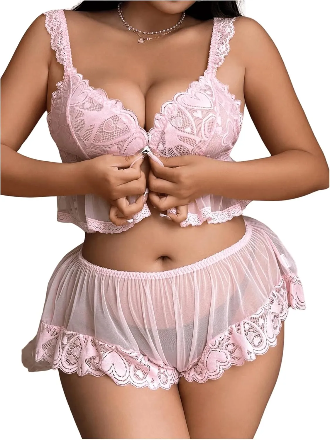 SHENHE Women's Plus Size 2 Piece Lace Lingerie Sheer Front Close Ruffle Bra and Panty Sets