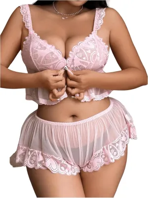 SHENHE Women's Plus Size 2 Piece Lace Lingerie Sheer Front Close Ruffle Bra and Panty Sets