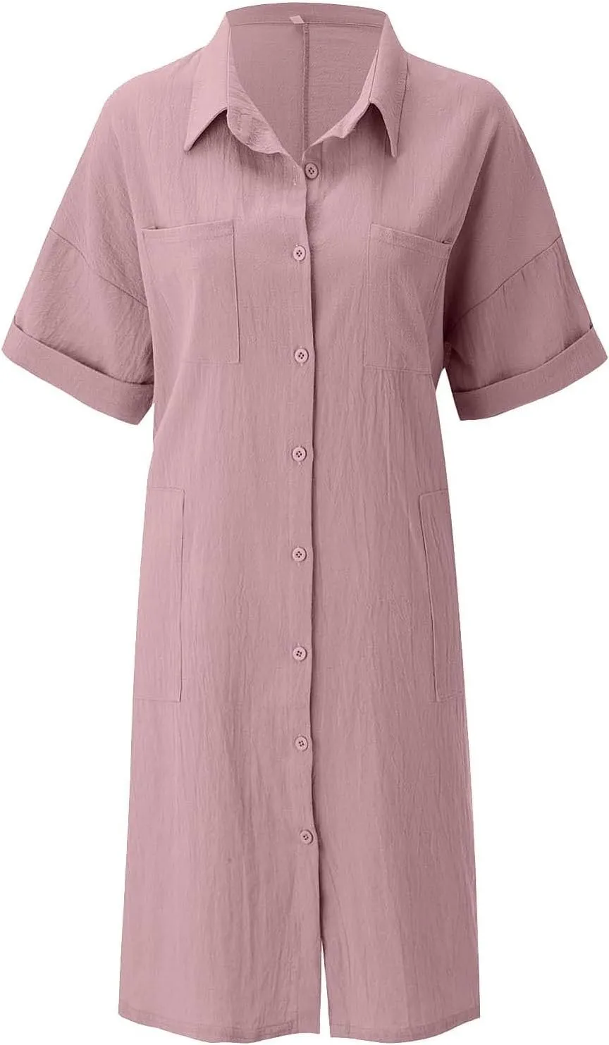 Shirt Dresses for Women 2025 Collared Dress Short Sleeve Button Down Business Casual Shift Dresses with Pockets
