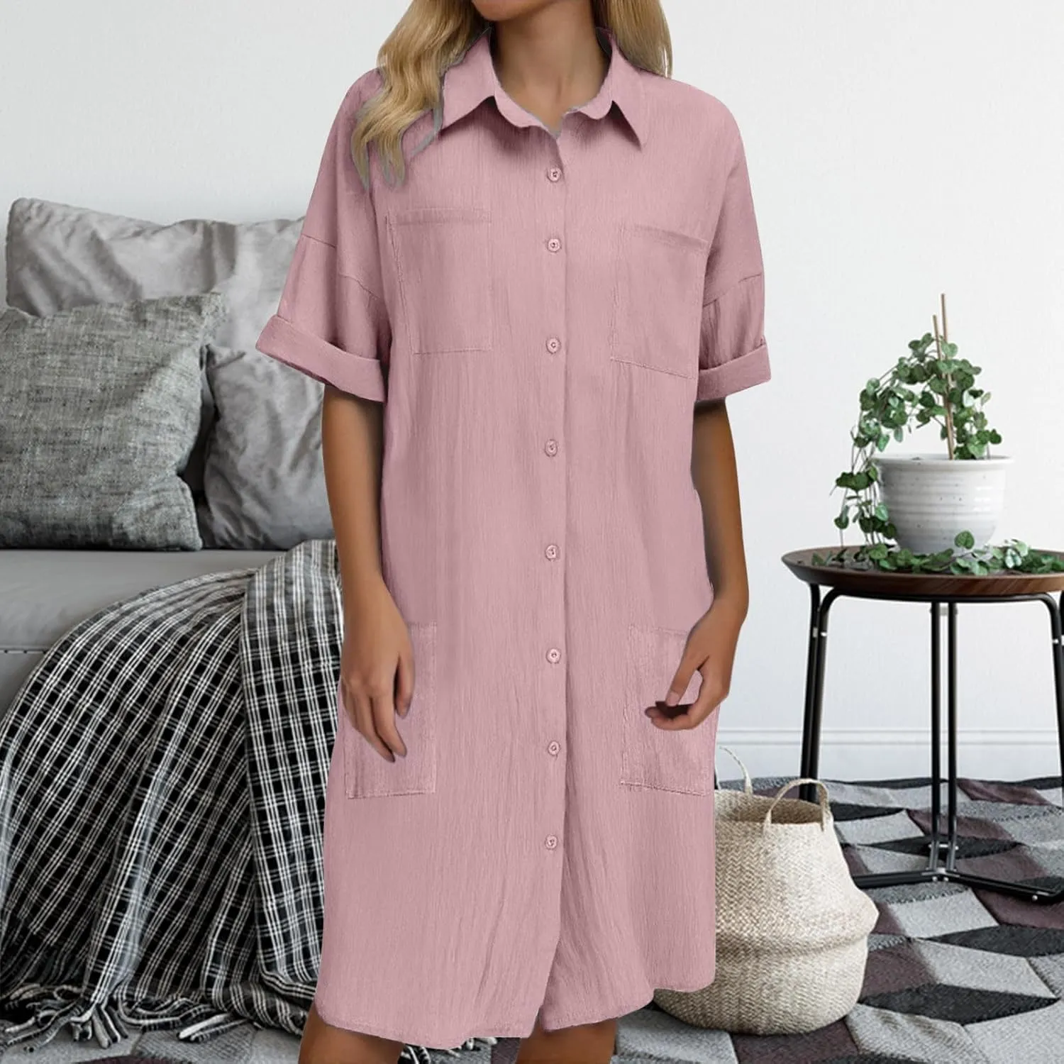 Shirt Dresses for Women 2025 Collared Dress Short Sleeve Button Down Business Casual Shift Dresses with Pockets