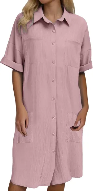 Shirt Dresses for Women 2025 Collared Dress Short Sleeve Button Down Business Casual Shift Dresses with Pockets