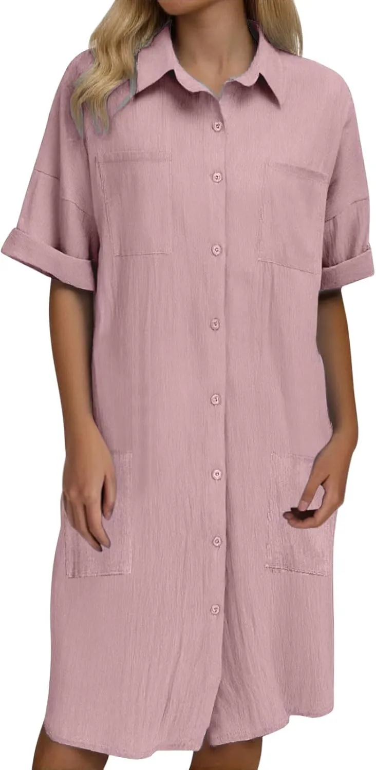 Shirt Dresses for Women 2025 Collared Dress Short Sleeve Button Down Business Casual Shift Dresses with Pockets