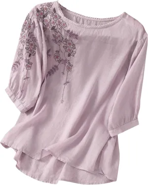 Short Sleeve Shirts for Women Summer Casual Loose Round Neck Floral Embroidery Linen T-Shirt Tops, M-2XL