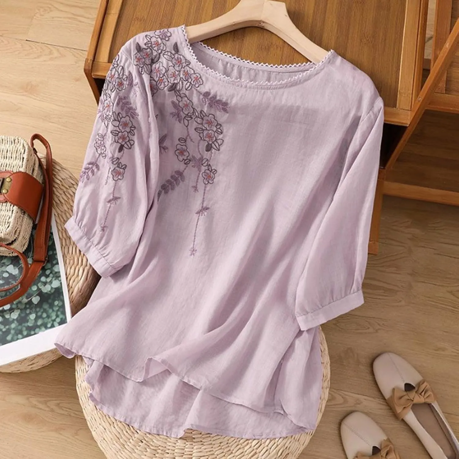Short Sleeve Shirts for Women Summer Casual Loose Round Neck Floral Embroidery Linen T-Shirt Tops, M-2XL