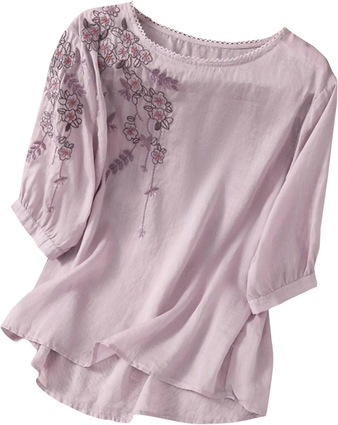 Short Sleeve Shirts for Women Summer Casual Loose Round Neck Floral Embroidery Linen T-Shirt Tops, M-2XL