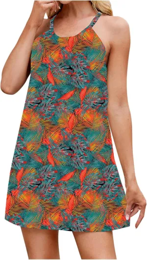 Sleeveless Beach Dresses for Women Loose Swimsuit Cover Ups Vacation Dresses Flowy Mini Dress Print Casual Dresses
