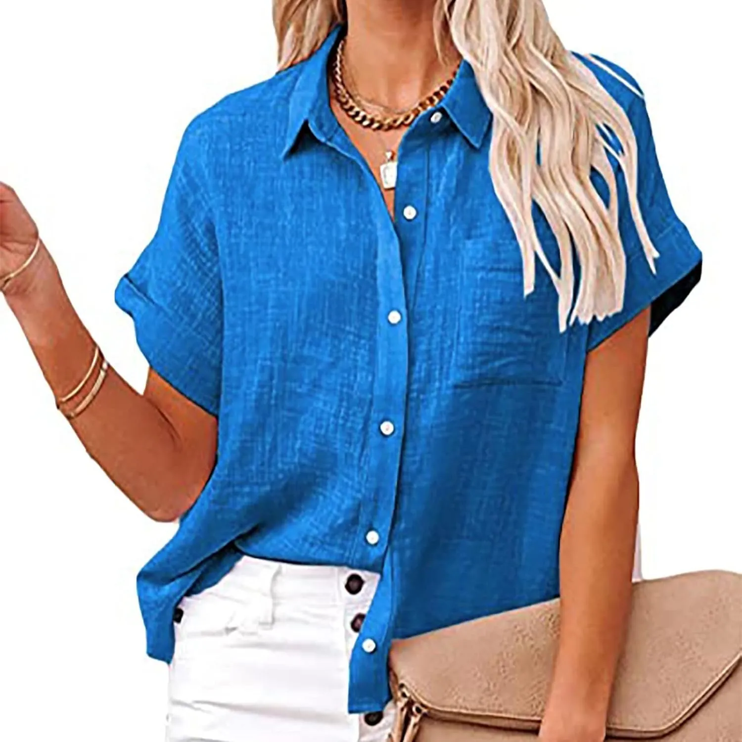 SMIDOW Shirts for Women Trendy Summer 2023 Button Down Linen Tops Plus Size Short Sleeve Collared t-Shirt Work Casual Blouse