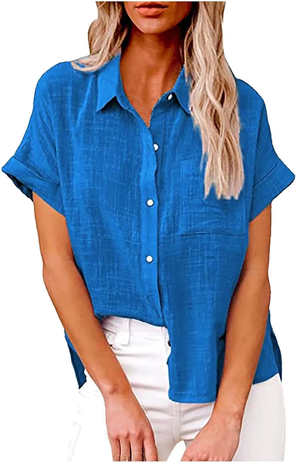 SMIDOW Shirts for Women Trendy Summer 2023 Button Down Linen Tops Plus Size Short Sleeve Collared t-Shirt Work Casual Blouse
