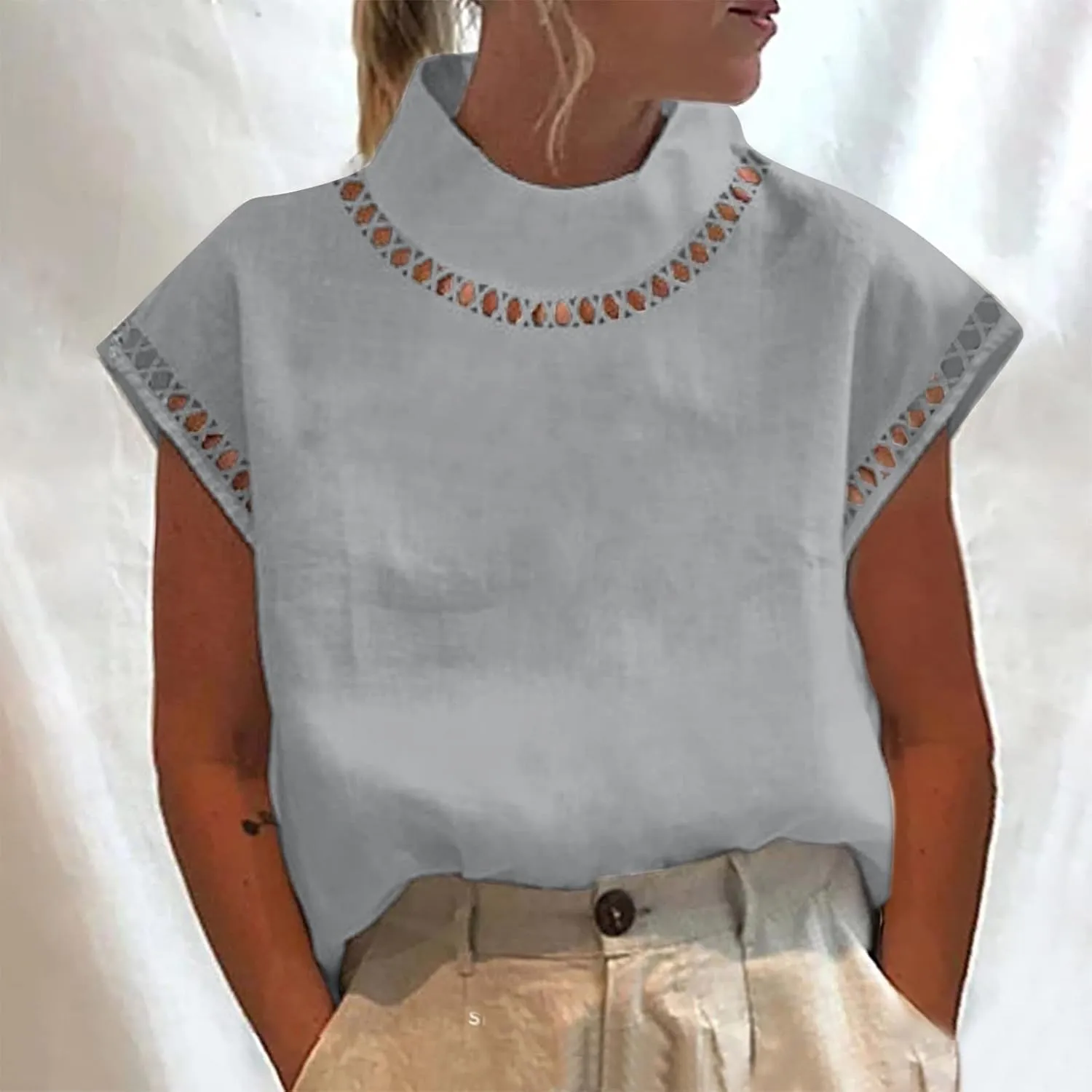 SMIDOW Womens Tops Dressy Casual Spring 2023 Fashion Casp Sleeve Linen Shirts High Neck Eyelet Summer t-Shirt Blouse
