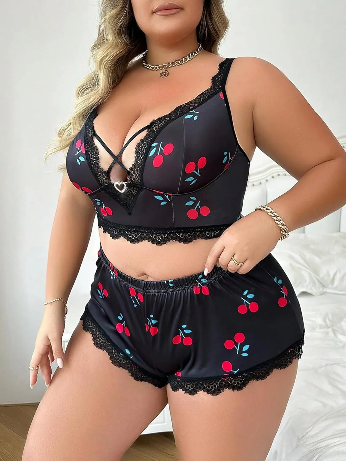 SOLY HUX Women's Plus Size Cute Print Lace Trim Lingerie Set Bra and Panty Underwear Sets