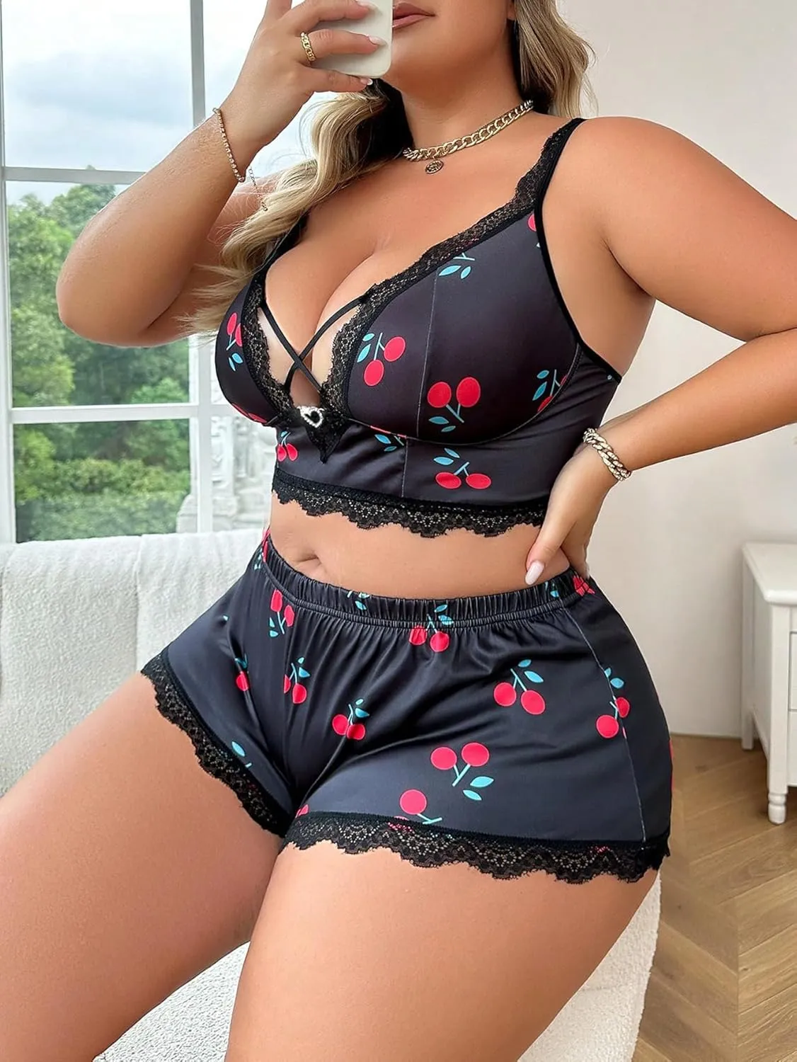 SOLY HUX Women's Plus Size Cute Print Lace Trim Lingerie Set Bra and Panty Underwear Sets