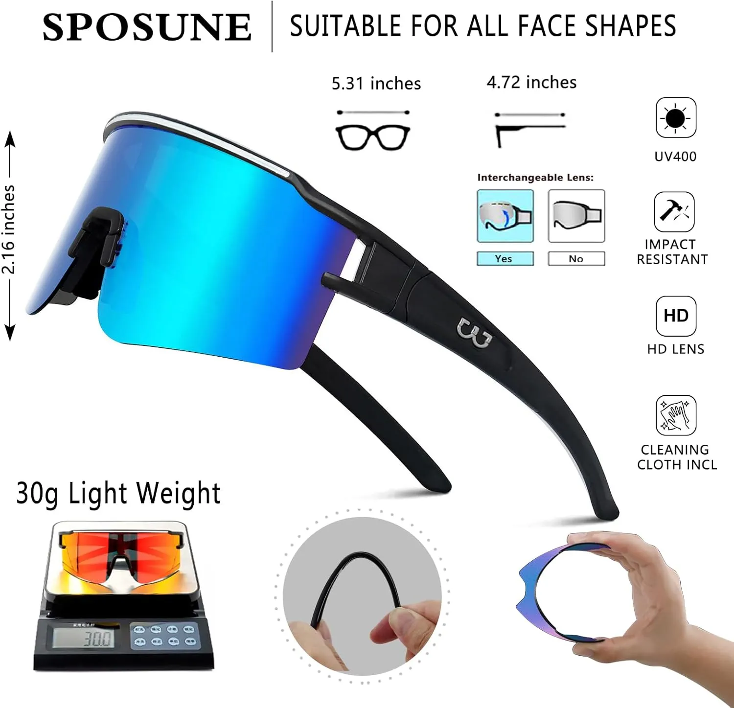 SPOSUNE Polarized Cycling Glasses with 3 Interchangeable Lenses for Women Men, TR90 Sports Sunglasses Running Baseball