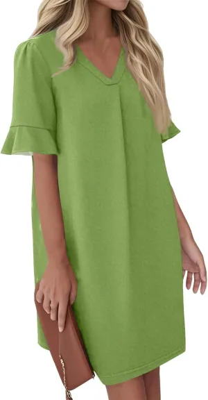 Spring Dresses for Women 2025 Summer Ruffle Short Sleeve V Neck Casual Shift Dress with Pockets