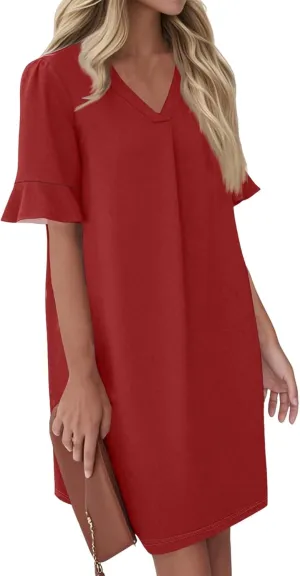 Spring Dresses for Women 2025 Summer Ruffle Short Sleeve V Neck Casual Shift Dress with Pockets