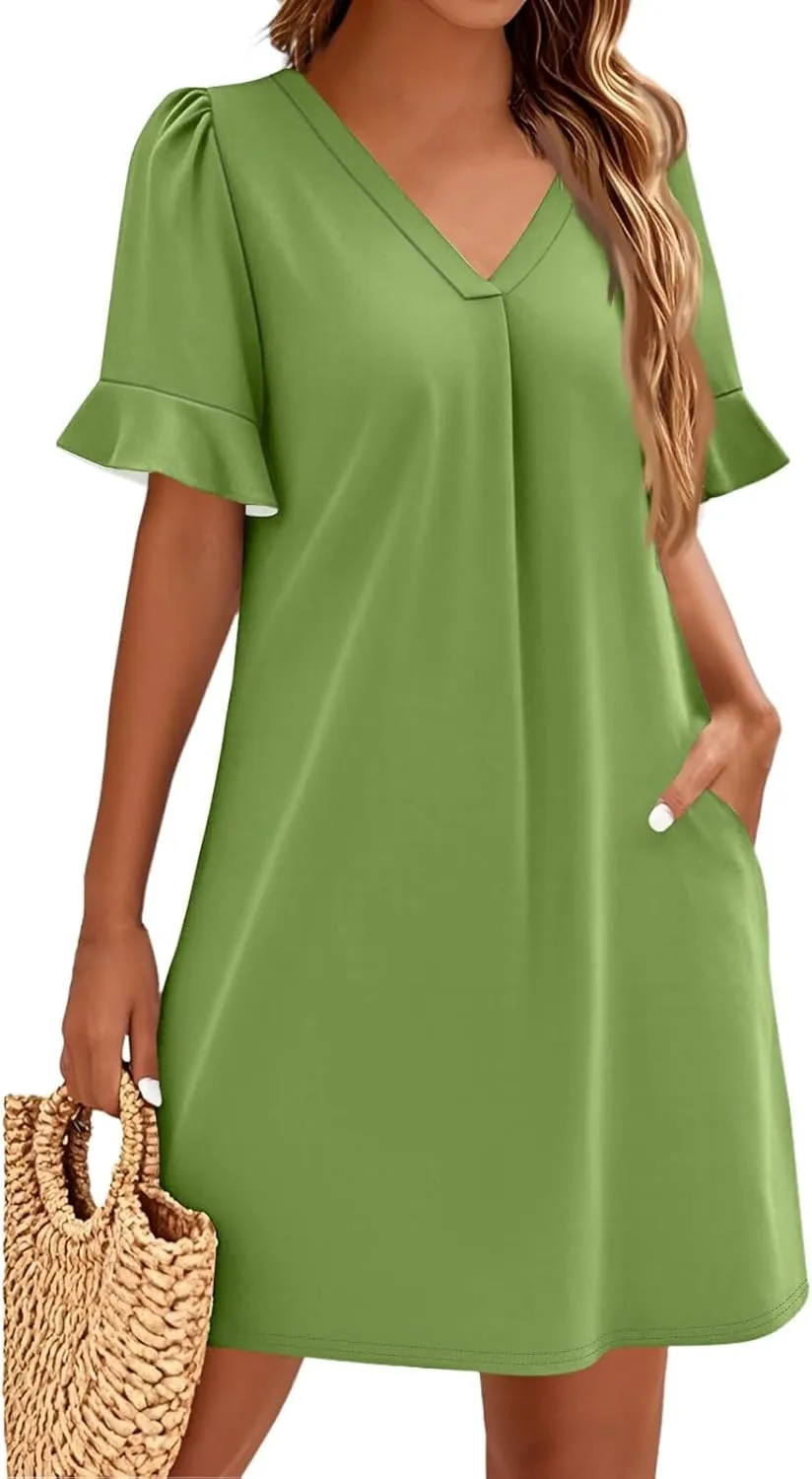 Spring Dresses for Women 2025 Summer Ruffle Short Sleeve V Neck Casual Shift Dress with Pockets