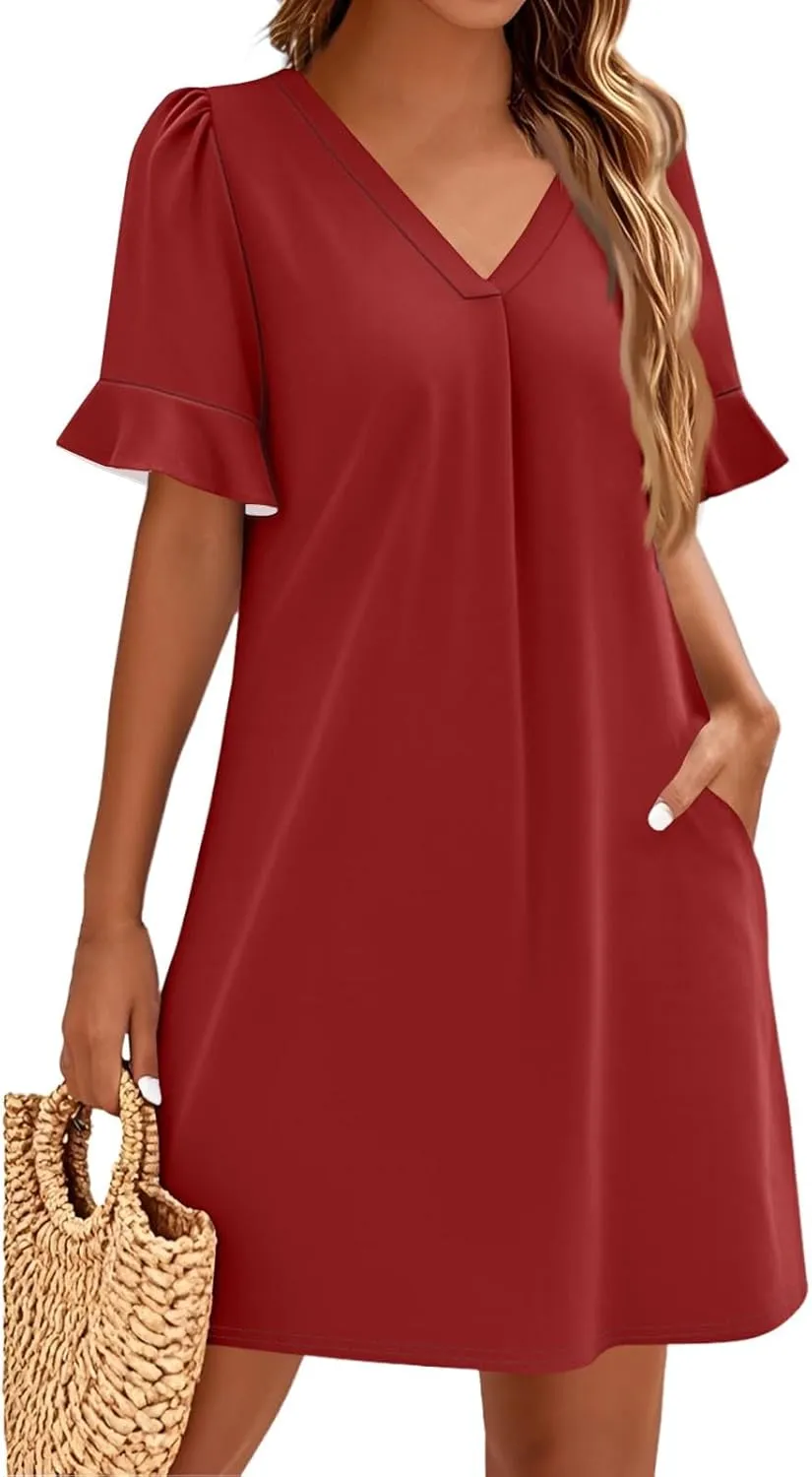 Spring Dresses for Women 2025 Summer Ruffle Short Sleeve V Neck Casual Shift Dress with Pockets