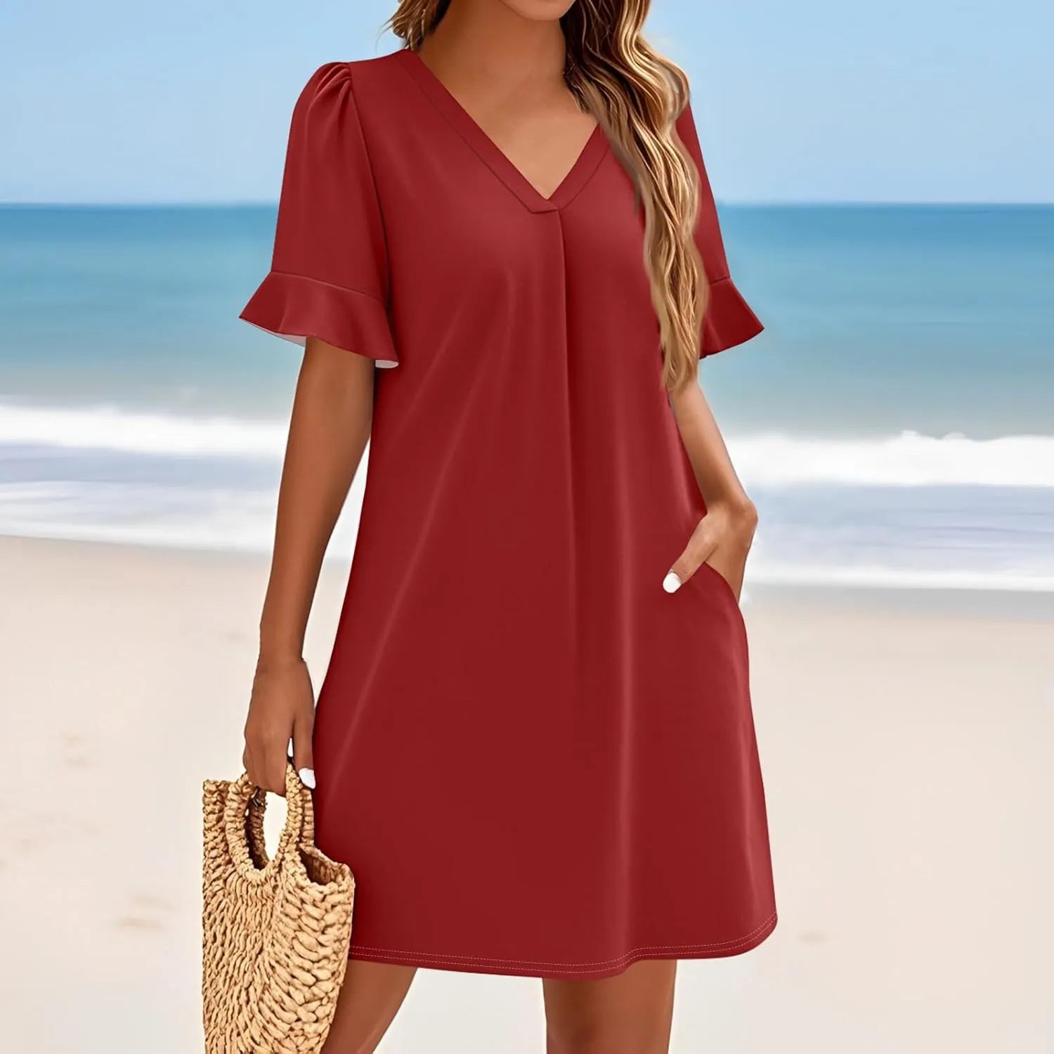 Spring Dresses for Women 2025 Summer Ruffle Short Sleeve V Neck Casual Shift Dress with Pockets