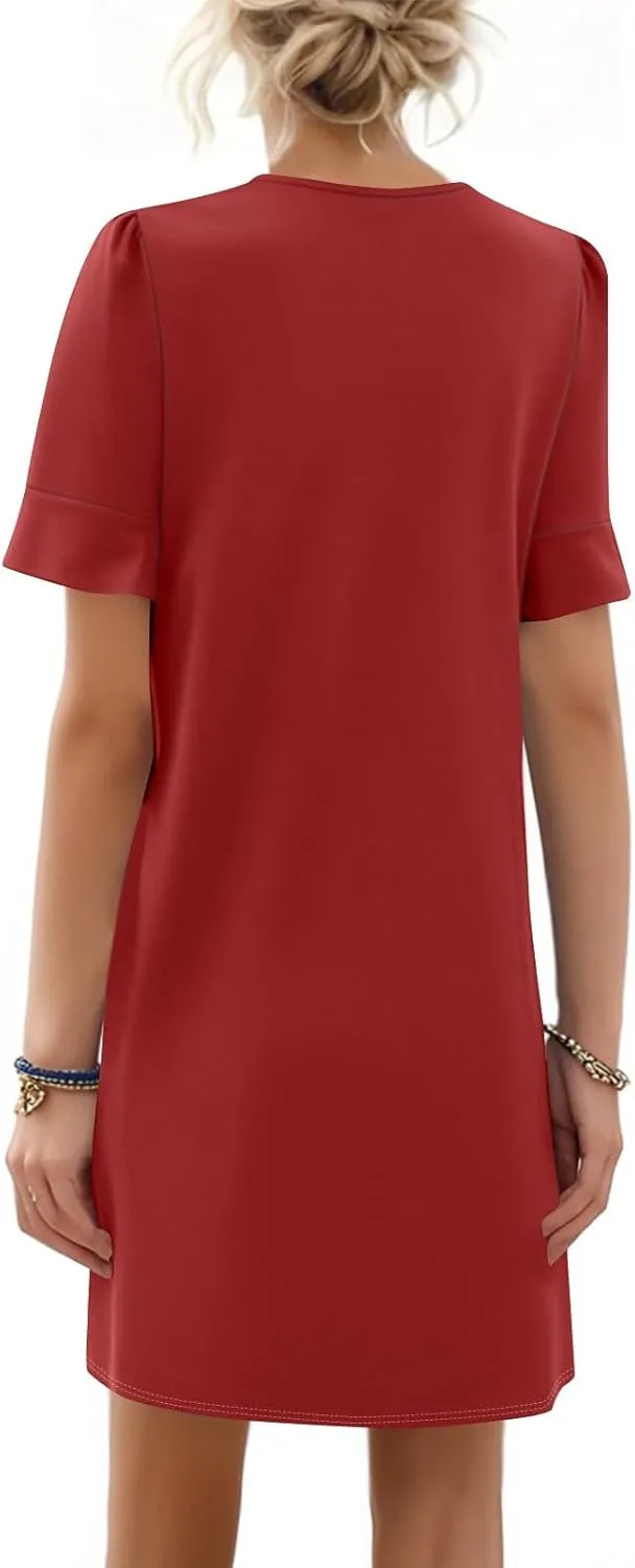 Spring Dresses for Women 2025 Summer Ruffle Short Sleeve V Neck Casual Shift Dress with Pockets
