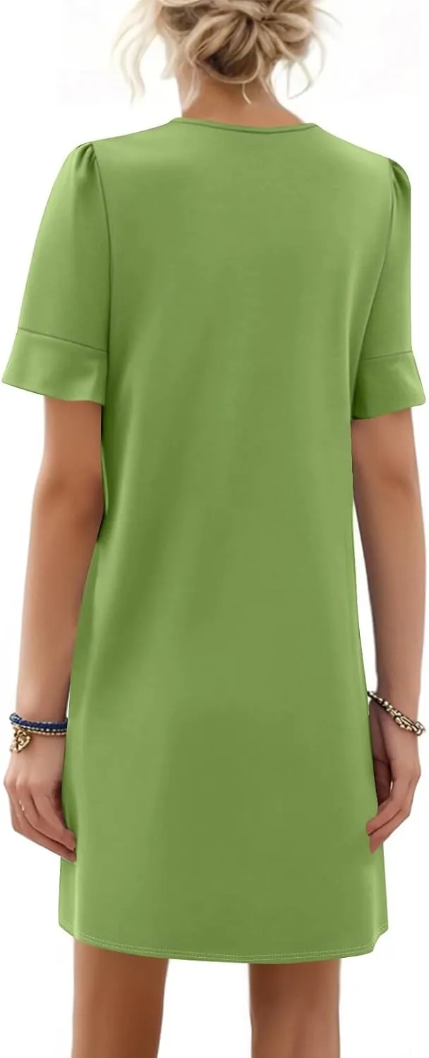Spring Dresses for Women 2025 Summer Ruffle Short Sleeve V Neck Casual Shift Dress with Pockets
