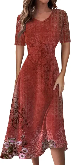 Spring Dresses for Women Short Sleeve Flowy Dresses Plus Size V Neck Casual Dresses Modest Elegant Cocktail Dresses