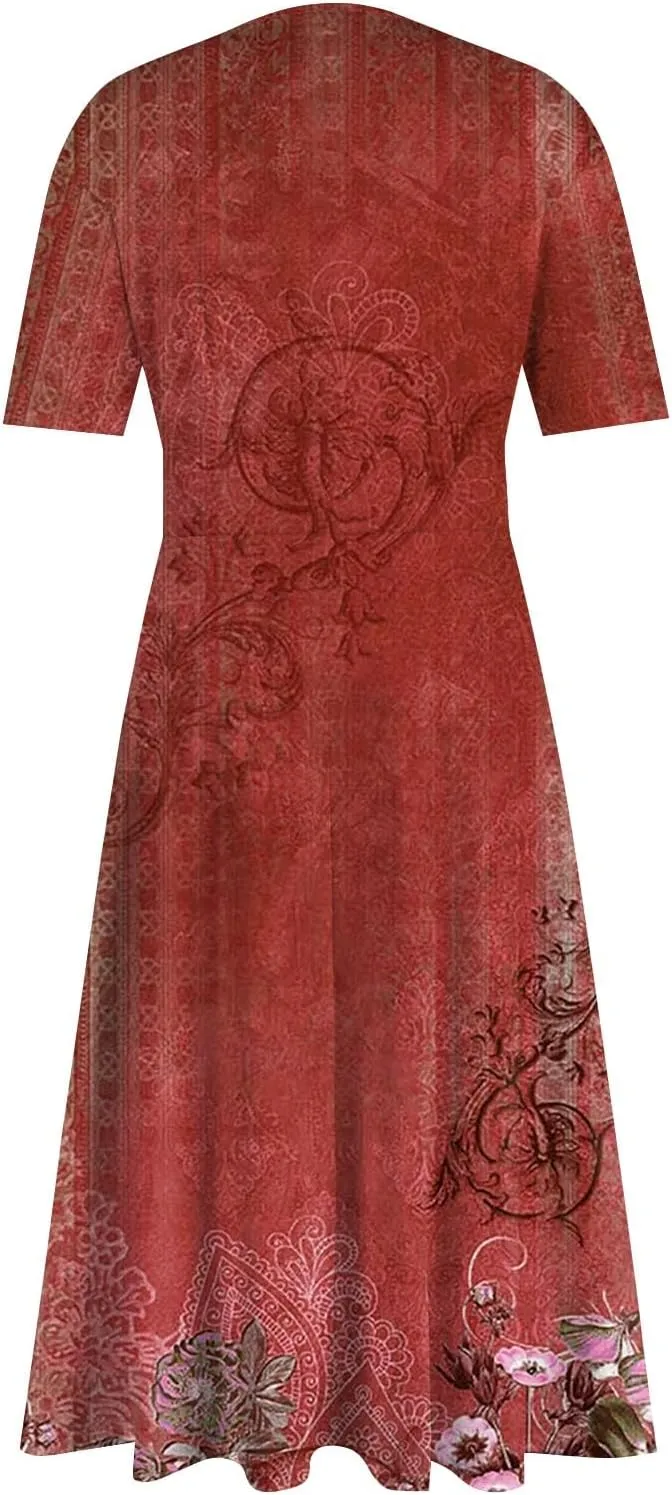 Spring Dresses for Women Short Sleeve Flowy Dresses Plus Size V Neck Casual Dresses Modest Elegant Cocktail Dresses