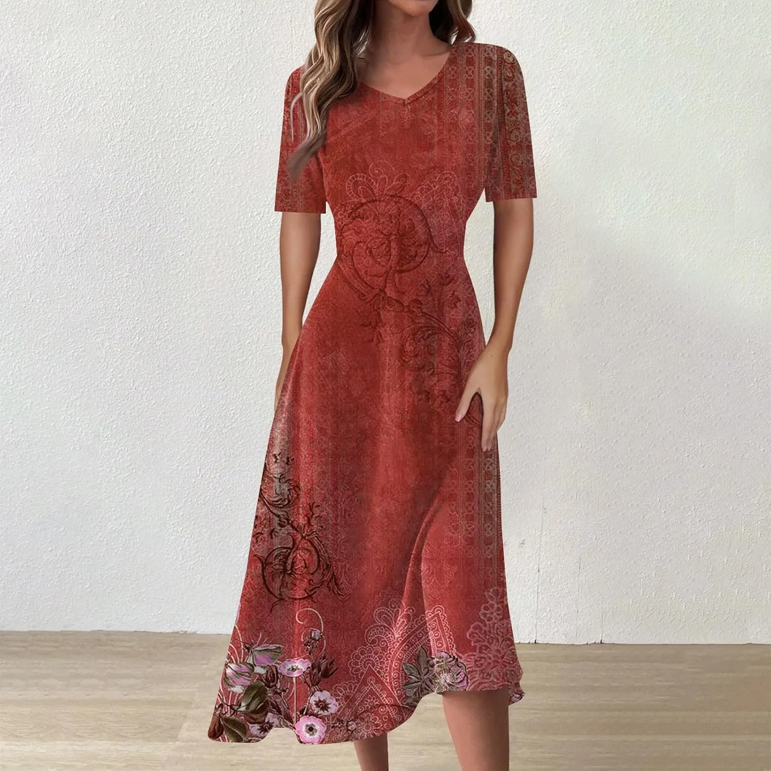 Spring Dresses for Women Short Sleeve Flowy Dresses Plus Size V Neck Casual Dresses Modest Elegant Cocktail Dresses
